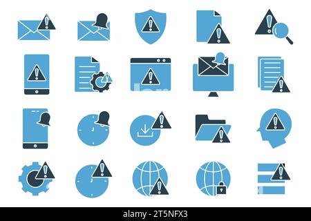 warning and notification icon set. warning, notification, system error, network error, secured network.etc. solid icon style design. Simple vector des Stock Vector