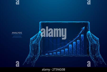 Technology hands holding tablet with growth histogram. Stock Vector