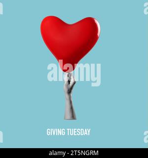 the arm of a man in black and white holding a red heart-shaped balloon on a blue background, and the text giving tuesday, in a square format Stock Photo
