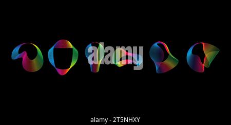 Sound smooth waves of shapes of different shapes, Set Equalizer rainbow color gradient. Vector geometric shapes isolated on black background Stock Vector