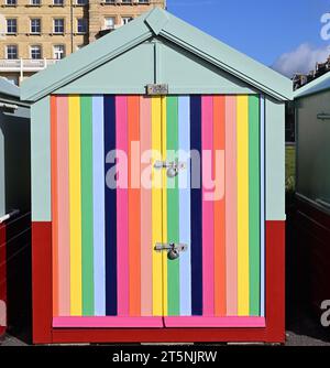 Colourful beach huts along Hove seafront Stock Photo
