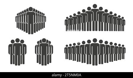 Large and small solid black groups of men. Stick figures people crowd icon set. Flat vector illustration isolated on white background. Stock Vector