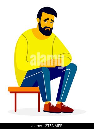 Frustrated, sad man sit. Upset male have problem. Stressed person vector illustration. Mental health. Emotions. Psychology. Stock Vector