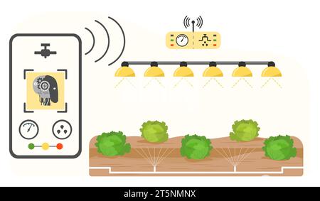 Remote control of intelligent agricultural greenhouse system using digital device Vector illustration. Hydroponics, aeroponics process of growing plan Stock Vector