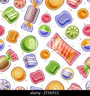 Vector Candy Seamless Pattern, repeating background with cut out illustrations of different colorful fruit candies and bubble gums in spiral vibrant c Stock Vector