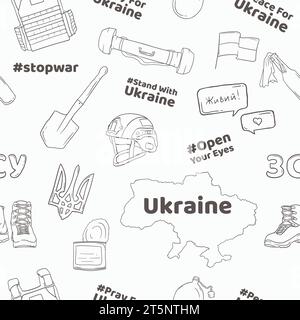 Seamless vector pattern of war in ukraine with set of military and ukrainian national elements Stock Vector