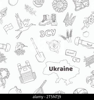 Seamless vector pattern of war in ukraine with set of military and ukrainian national elements Stock Vector