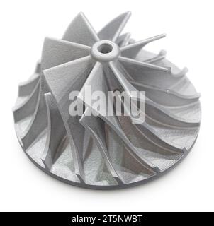 Turbine impeller, 3d-printed component part, close-up shot, isolated on white background. Stock Photo