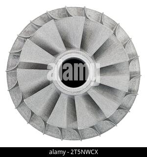 Turbine impeller, 3d-printed component part, close-up shot, isolated on white background. Stock Photo