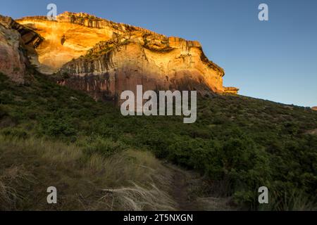The last of the afternoon sunlight giving the majestic sandstone Cliffs of the Mushroom Rock in Golden Gate Highlands National Park a Golden Glow. Stock Photo