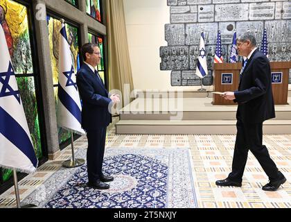 Jerusalem, Israel. 05th Nov, 2023. The new U.S Ambassador to Israel Jack Lew, right, presents his diplomatic credentials to Israeli President Isaac Herzog, left, at the Presidential Residence, November 5, 2023 in Jerusalem, Israel. Credit: U.S. Embassy Jerusalem/State Department Photo/Alamy Live News Stock Photo