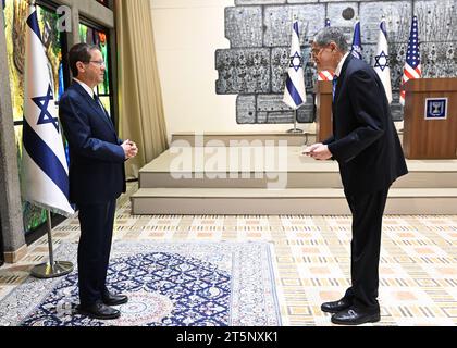 Jerusalem, Israel. 05th Nov, 2023. The new U.S Ambassador to Israel Jack Lew, right, presents his diplomatic credentials to Israeli President Isaac Herzog, left, at the Presidential Residence, November 5, 2023 in Jerusalem, Israel. Credit: U.S. Embassy Jerusalem/State Department Photo/Alamy Live News Stock Photo