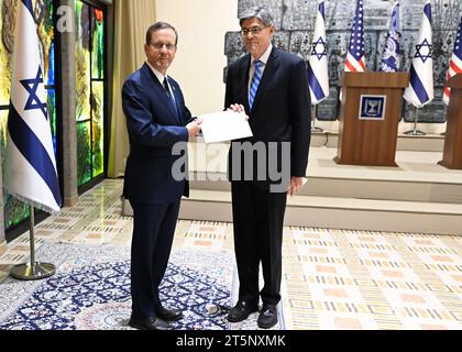 Jerusalem, Israel. 05th Nov, 2023. The new U.S Ambassador to Israel Jack Lew, right, presents his diplomatic credentials to Israeli President Isaac Herzog, left, at the Presidential Residence, November 5, 2023 in Jerusalem, Israel. Credit: U.S. Embassy Jerusalem/State Department Photo/Alamy Live News Stock Photo