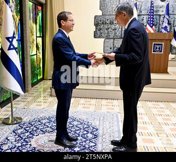 Jerusalem, Israel. 05th Nov, 2023. The new U.S Ambassador to Israel Jack Lew, right, presents his diplomatic credentials to Israeli President Isaac Herzog, left, at the Presidential Residence, November 5, 2023 in Jerusalem, Israel. Credit: U.S. Embassy Jerusalem/State Department Photo/Alamy Live News Stock Photo