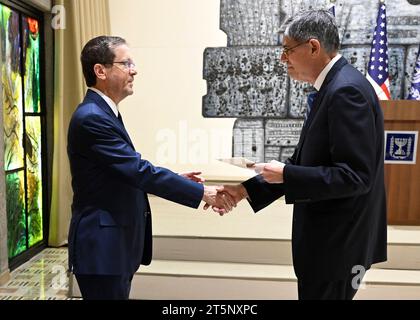 Jerusalem, Israel. 05th Nov, 2023. The new U.S Ambassador to Israel Jack Lew, right, presents his diplomatic credentials to Israeli President Isaac Herzog, left, at the Presidential Residence, November 5, 2023 in Jerusalem, Israel. Credit: U.S. Embassy Jerusalem/State Department Photo/Alamy Live News Stock Photo