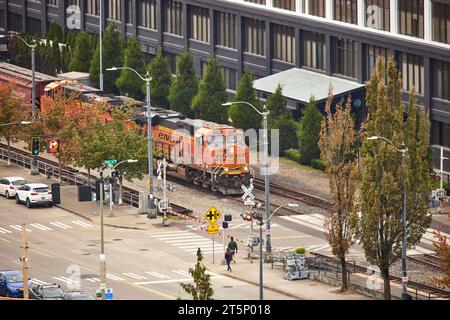 Seattle, Washington, United States double decker freight train Stock Photo