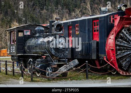 Skagway Alaska, White Pass & Yukon Route WP&YR’s first engine, #52  built by Brooks Locomotive Works 1881 for the Utah & Northern Railroad Stock Photo