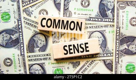 Common sense symbol. Concept words Common sense on beautiful wooden block. Beautiful background from dollar bills. Dollar bills. Business, motivationa Stock Photo