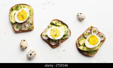 Top view three egg avocado sandwiches Stock Photo