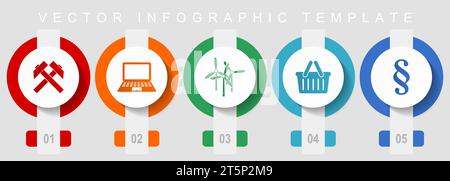 Commerce flat design icon set, miscellaneous icons such as mining, laptop, wind turbine, shop basket and law, vector infographic template, web buttons Stock Vector