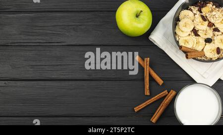 Apple cinnamon with bowl oatmeal with banana slices Stock Photo