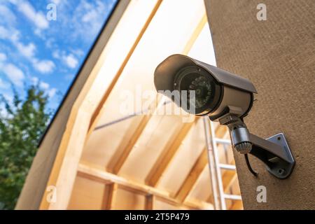 Construction Site Monitoring Using CCTV Modern Outdoor Wireless Camera Stock Photo