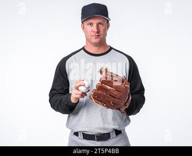 Front view man posing with baseball glove Stock Photo