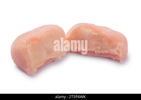 Studio shot of strawberry cheesecake style mochi cut out against a white background - John Gollop Stock Photo