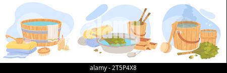 Sauna or banya tools and equipment composition set Stock Vector