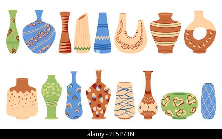 Decorative ceramic vases. Different antique and modern shapes. Porcelain pot. Interior pottery with abstract pattern. Earthenware jug. Colorful Stock Vector