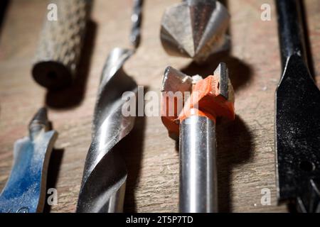 Carpenter's tools for wood working on a wood table Stock Photo