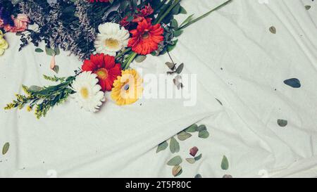 Close up (solidago gigantea) colorful gerbera flowers white cloth Stock Photo