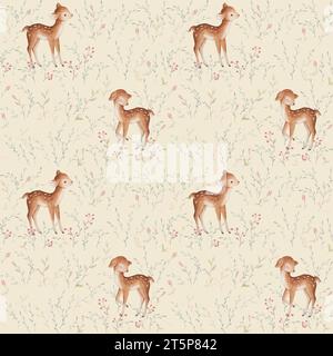 Little Deer Seamless Pattern. Baby Deer Watercolor. Cute Fawn Nursery Wallpaper. Forest Animals Background. Floral Seamless Pattern Stock Photo