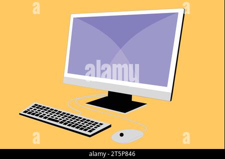 Stylized drawing of a work computer. System unit. Monitor. Keyboard. Mouse. Vector image for illustrations. Stock Vector