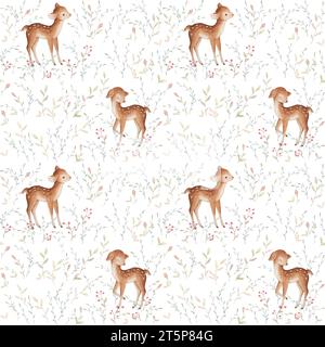 Little Deer Seamless Pattern. Baby Deer Watercolor. Cute Fawn Nursery Wallpaper. Forest Animals Background. Woodland Animals Wallpaper Stock Photo