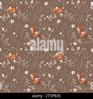 Forest woodland animals watercolor seamless pattern with cute red fox ...