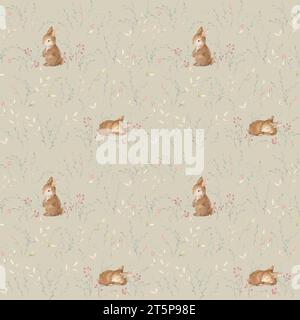 Rabbit Seamless Pattern. Little Rabbit Watercolor. Forest Animals Wallpaper. Pastel Green Brown Background Stock Photo