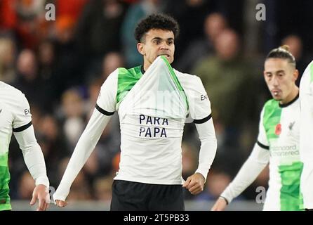 File photo dated 05-11-2023 of Liverpool's Luis Diaz (centre) unveiling a shirt that reads (translated to English) 'Freedom for Dad' during the Premier League match at Kenilworth Road, Luton. The rebel group holding Luis Diaz's father claim military action in the local area is not only delaying the release of their hostage but putting him at risk. Issue date: Monday November 6, 2023. Stock Photo