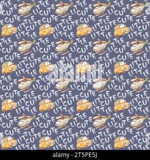 Baby Plane Pattern, Baby Car Seamless Pattern, Hand Drawn Watercolor, Navy Background Stock Photo