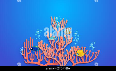 Sea paper cut corals and tropical fish on blue ocean water vector background. Cartoon copperband butterflyfish, blue and yellow tang fish swimming with bubbles near 3d papercut layered branch corals Stock Vector