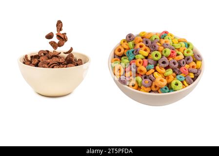 Colorful rings cereal spill out into a bowl. Breakfast. Isolated on a white background. Stock Photo