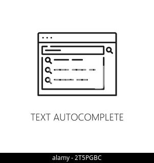 Text autocomplete. Serp icon. Search engine result page. Isolated vector linear sign, displays suggestions as users type, enhancing efficiency, offering quick access to search results and information Stock Vector