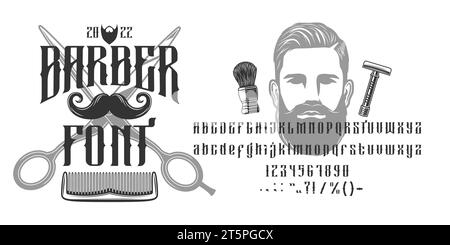 Old barber shop font, vintage type, western elegant typeface, haircut english alphabet. Barbershop vector typography letters and numbers, retro american Wild West abc with mustache, barber scissors Stock Vector