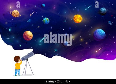 Boy kid looking through a telescope space planets at night, vector astronomy and education. Cartoon boy character observing galaxy planets, stars, meteors and asteroids on starry sky background Stock Vector