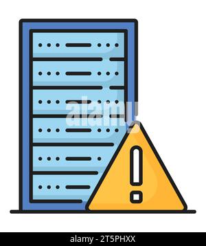 Color database, network server, cloud storage outline icon. Hosting server service, file transfer datacenter or network technology outline vector symbol with server computers rack, exclamation mark Stock Vector