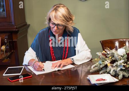 Relaxed older woman activating her mind doing sodukus in her living room. Stock Photo