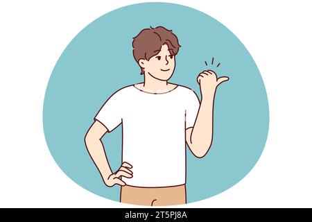 Smiling young man point at empty copy space aside. Happy male show with finger good sale deal or promotion. Recommendation. Vector illustration. Stock Vector