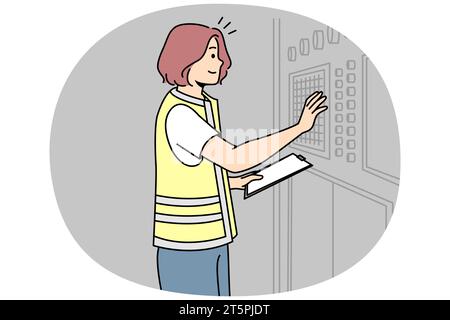 Girl in uniform adjusts industrial equipment on control panel with buttons in factory. Woman worker checks settings, current state, performance at plant. Vector thin line colored illustration. Stock Vector