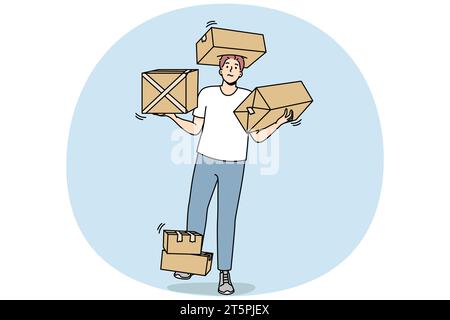 Courier carries cardboard boxes with goods on his arms, legs, head. Man delivers packed orders to customer. Guy arranges objects in house after move. Vector outline colorful isolated illustration. Stock Vector