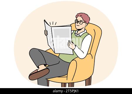 Young man in glasses sit on chair at home reading newspaper. Smiling male relax in armchair on weekend with magazine. Recreation and relaxation. Vector illustration. Stock Vector